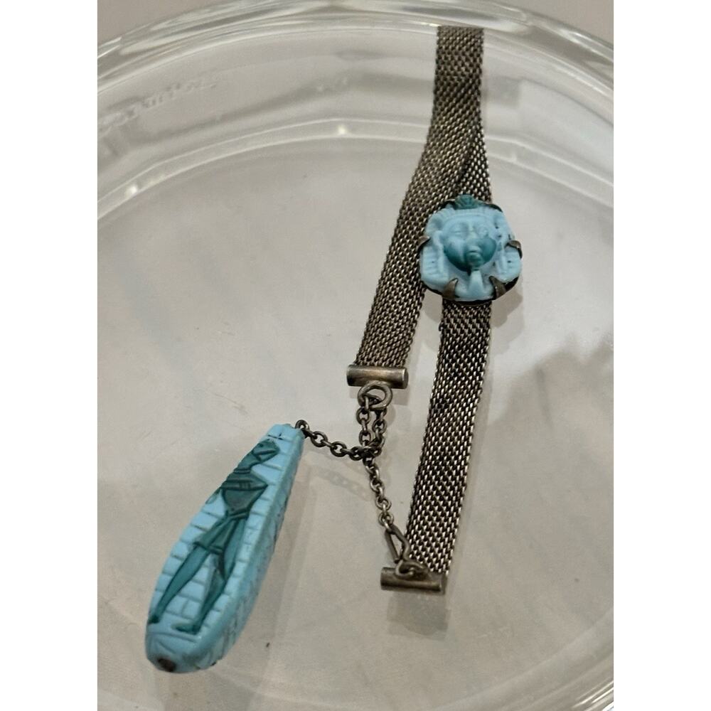 Antique Foster & Bailey Sterling Mesh Egyptian Revival BRACELET w/Neiger Glass
